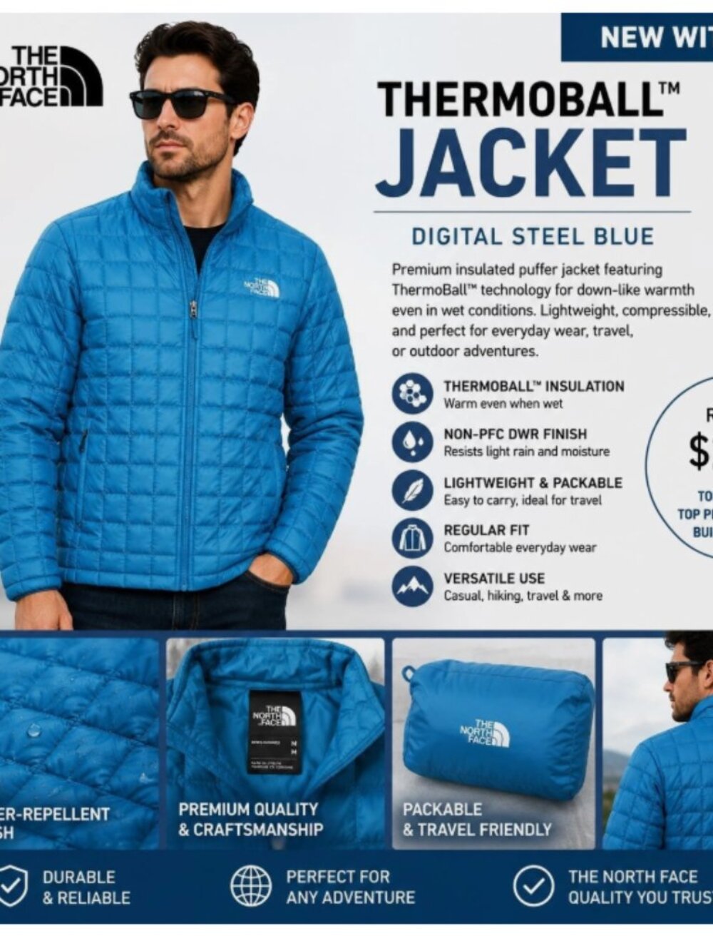 The North Face ThermoBall Jacket Men's Size XL Blue Insulated Puffer TNF DWR